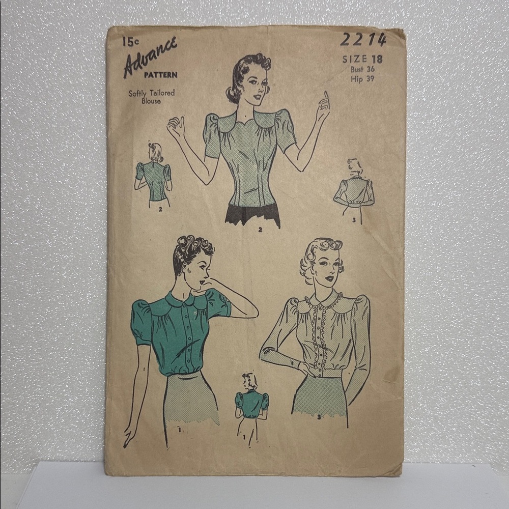 Advance 1939 size 18 soft blouse pattern 36 bust 30 waist 39 hip